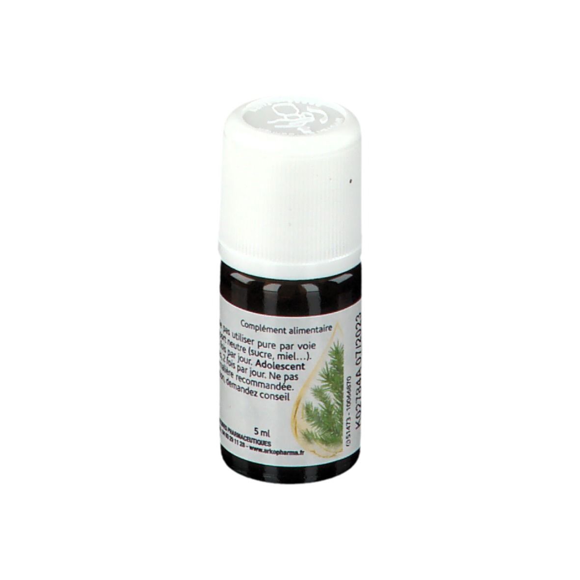 Flacon en verre brun, bouchon blanc. Étiquette avec texte et branche de pin. Marque: Arkopharma. 5 ml.
