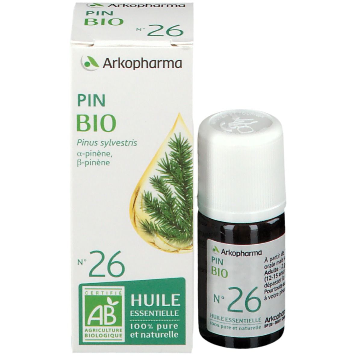 Emballage du produit avec flacon. Boîte avec texte: PIN BIO N°26. Marque: Arkopharma. Certification.