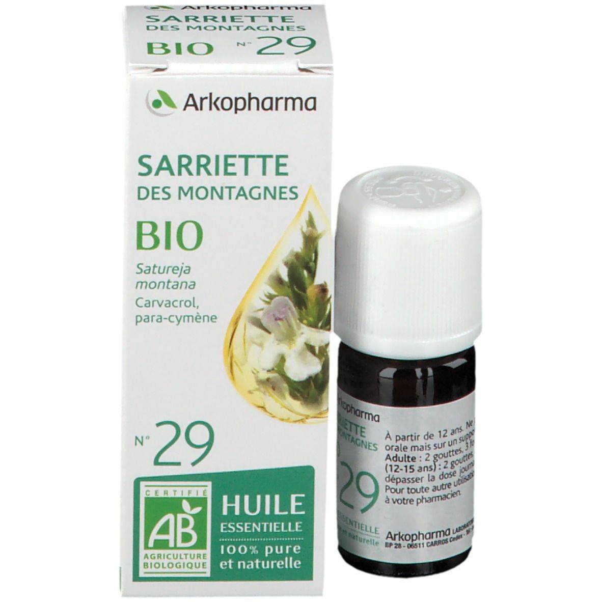 Flacon et emballage. Arkopharma Olfae® Sarriette des montagnes N°29 Bio. Emballage avec le label AB.