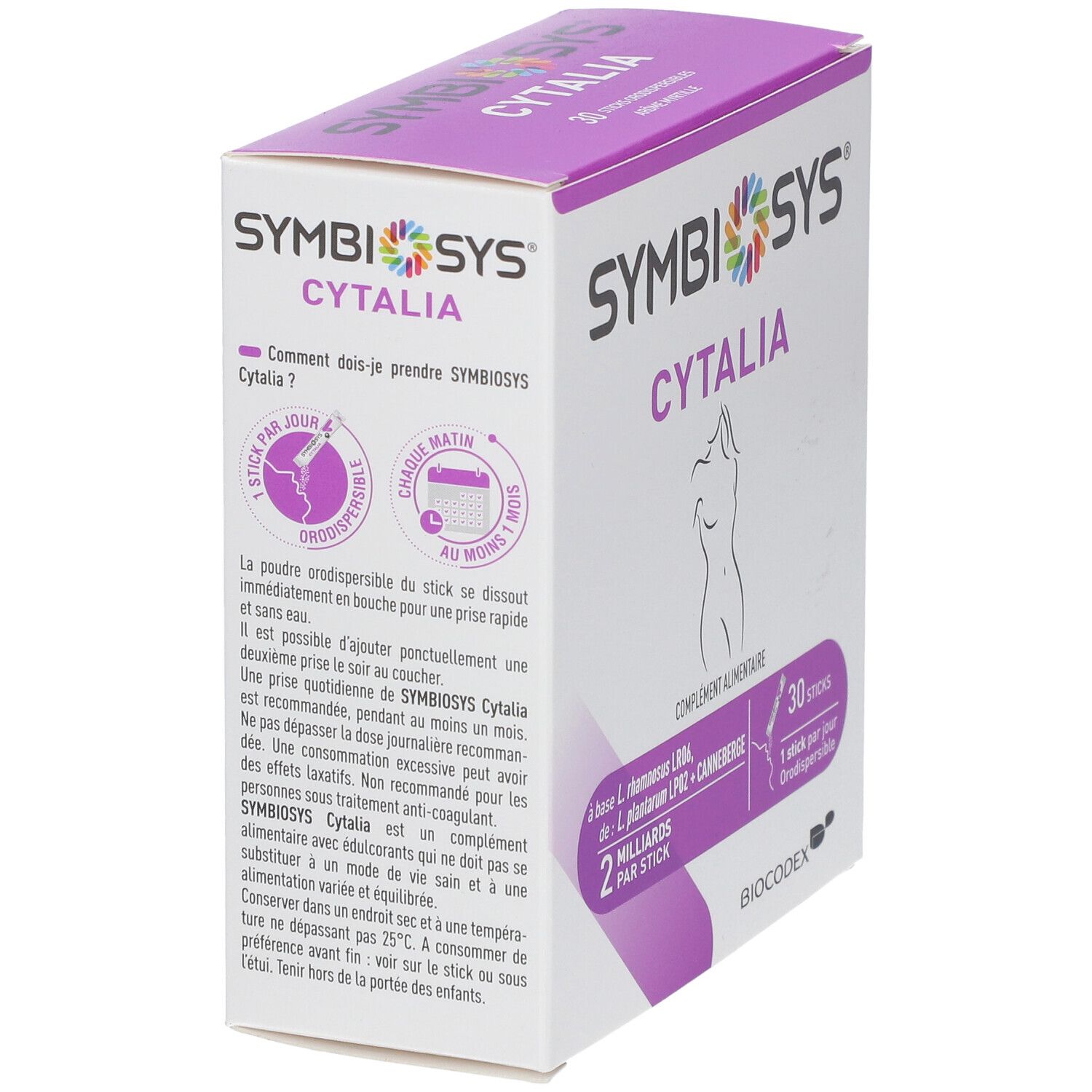 Boîte SYMBIOSYS Cytalia. Violet et blanc. Texte : 30 sticks. 1 stick par jour. Orodipersible. Logo Biocodex.