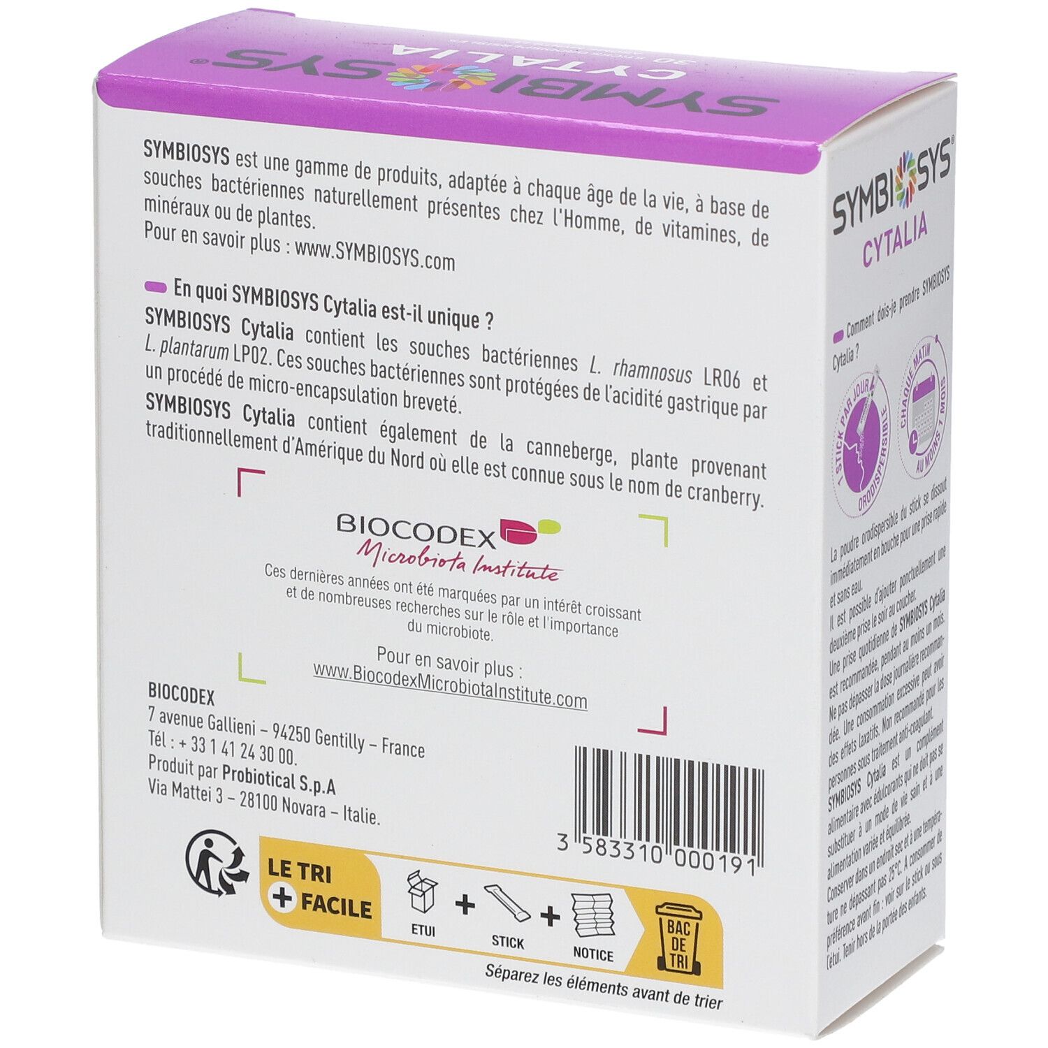 Dos de la boîte SYMBIOSYS Cytalia. Texte sur les ingrédients et le fabricant. Logo Biocodex. Symbole de recyclage.