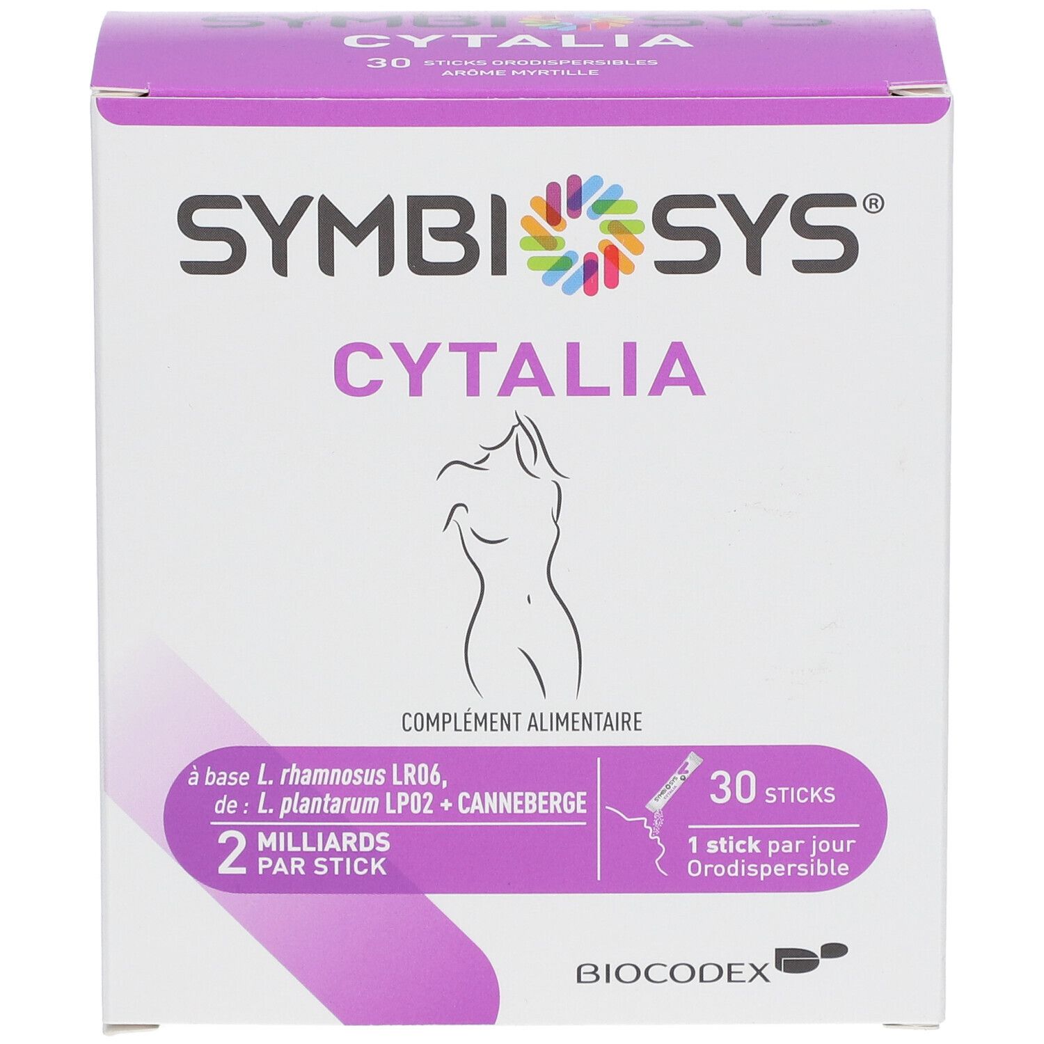 Boîte SYMBIOSYS Cytalia. Violet et blanc. Contient 30 sticks. Inscription : 2 milliards par stick. Logo Biocodex.