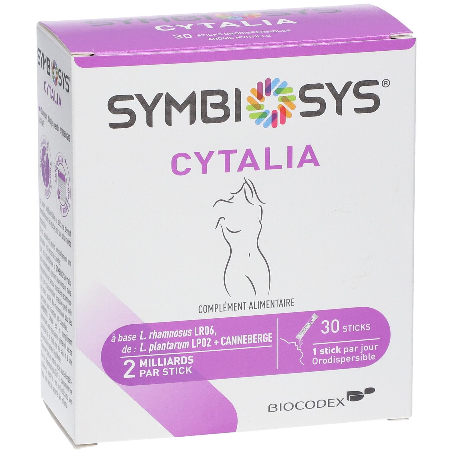 Boîte SYMBIOSYS Cytalia. Violet et blanc. Contient 30 sticks. Inscription : 2 milliards par stick. Logo Biocodex.