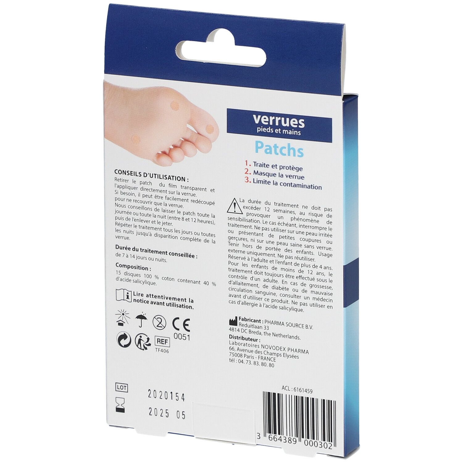 Achterkant van de verpakking van Novodex Expert 1.2.3 Verrues Patch. Bevat informatie over gebruik en samenstelling.
