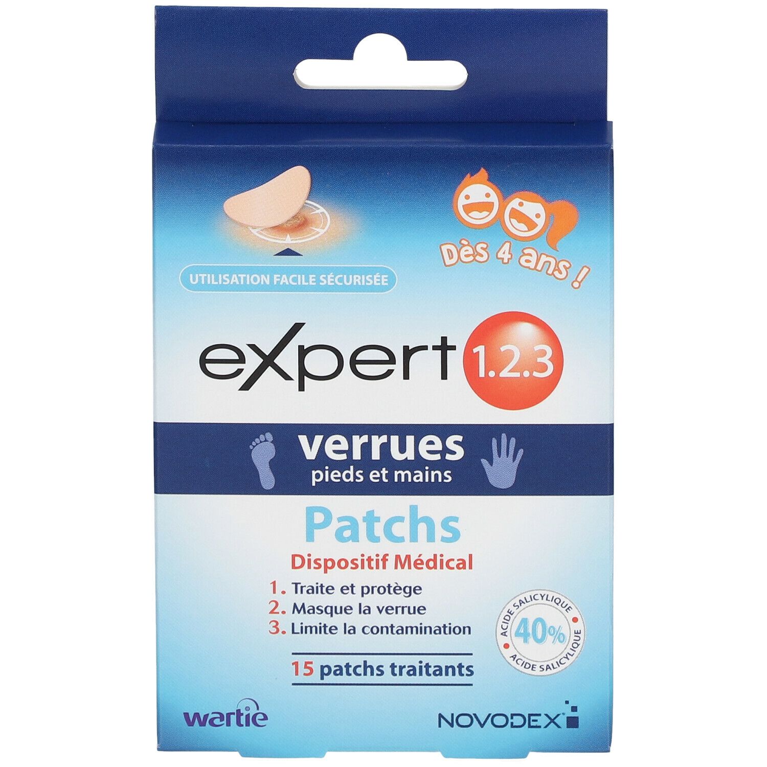 Vooraanzicht van de verpakking van Novodex Expert 1.2.3 Verrues Patch. Tekst: voeten en handen, vanaf 4 jaar, 15 pleisters.