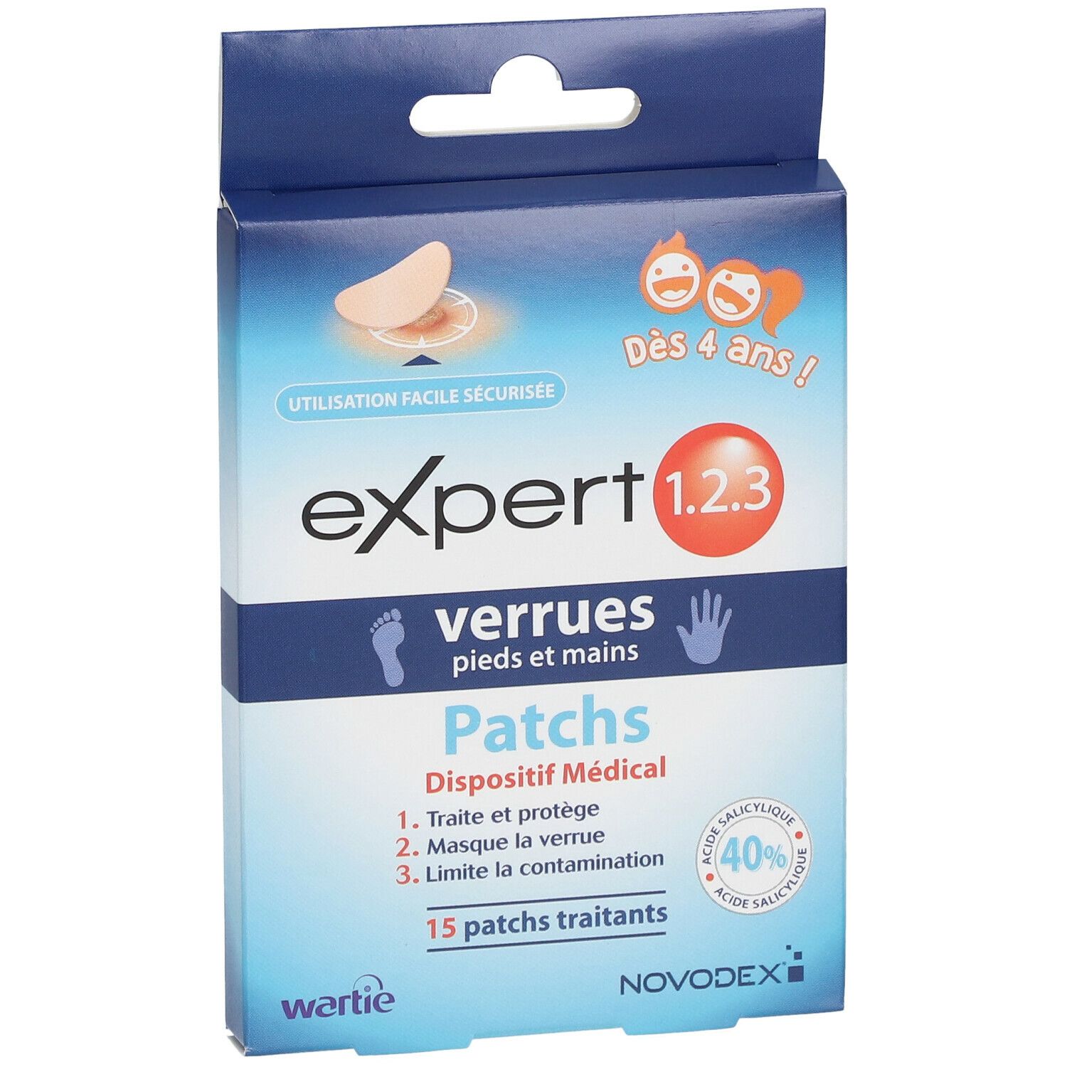 Vooraanzicht van de verpakking van Novodex Expert 1.2.3 Verrues Patch. Tekst: voeten en handen, vanaf 4 jaar, 15 pleisters.