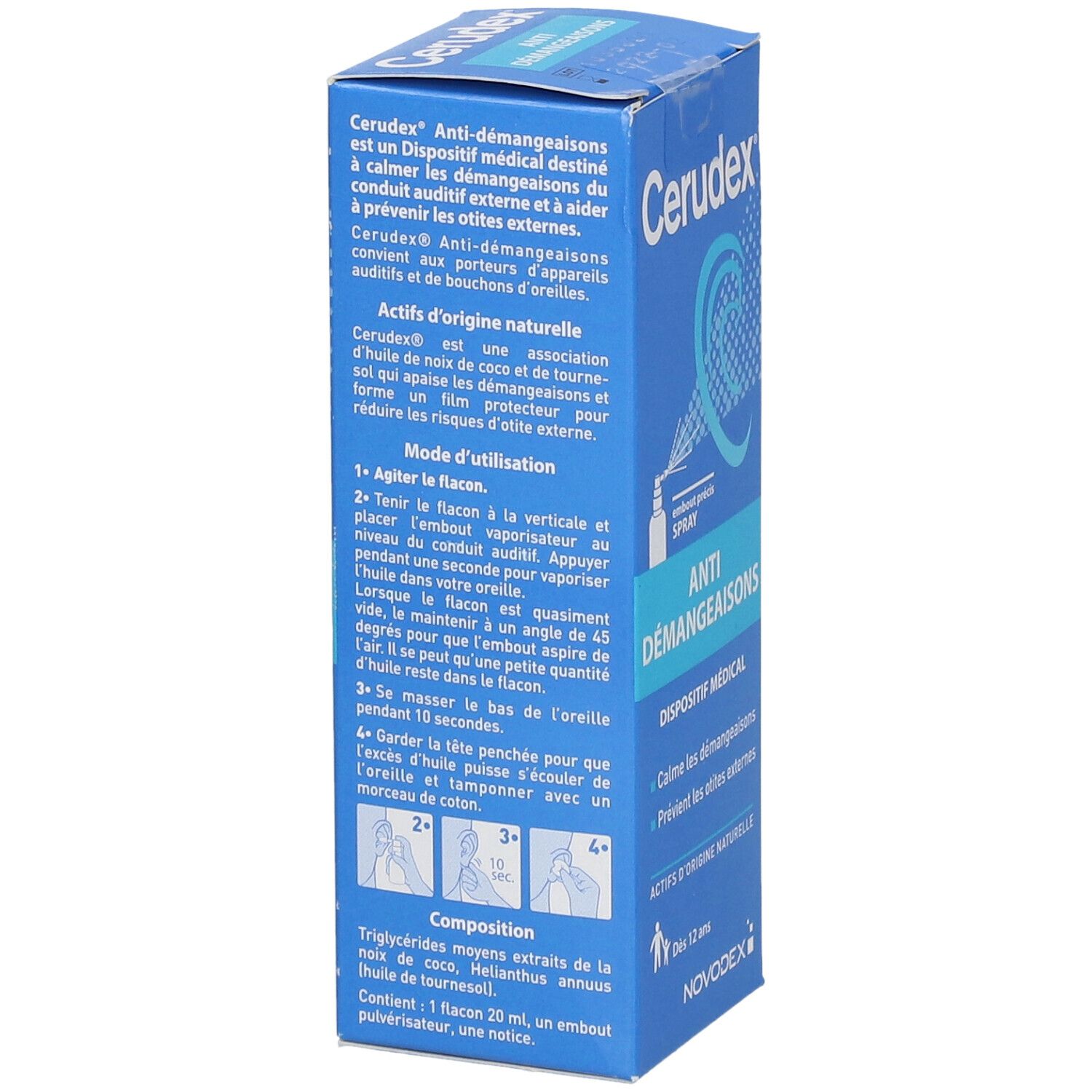 Dos de la boîte bleue Cerudex. Contient des informations sur l'utilisation et les ingrédients. Dispositif médical.