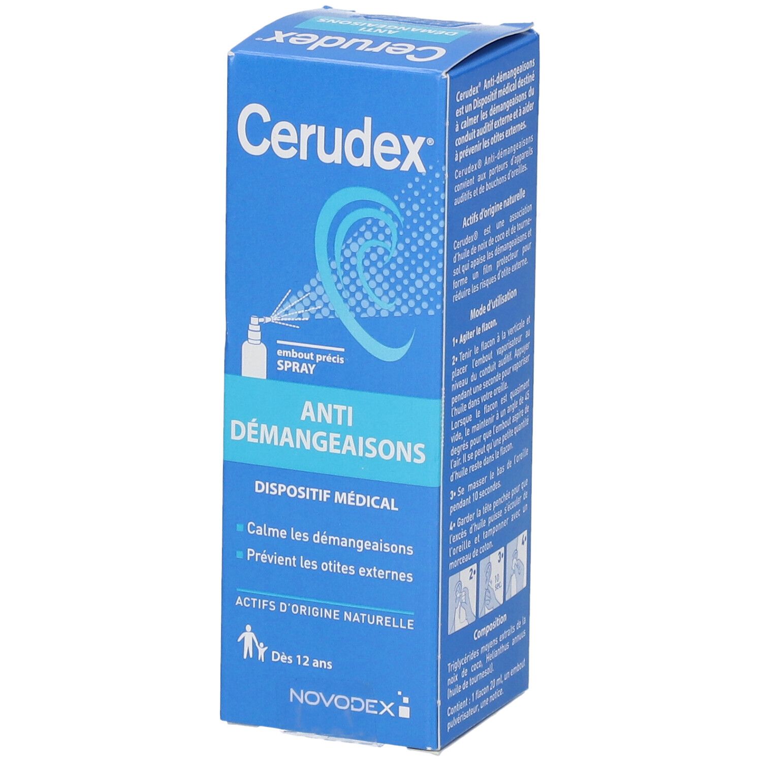 Boîte bleue Cerudex. Anti-démangeaisons. Dispositif médical. Calme les démangeaisons, prévient les otites externes. Dès 12 ans.