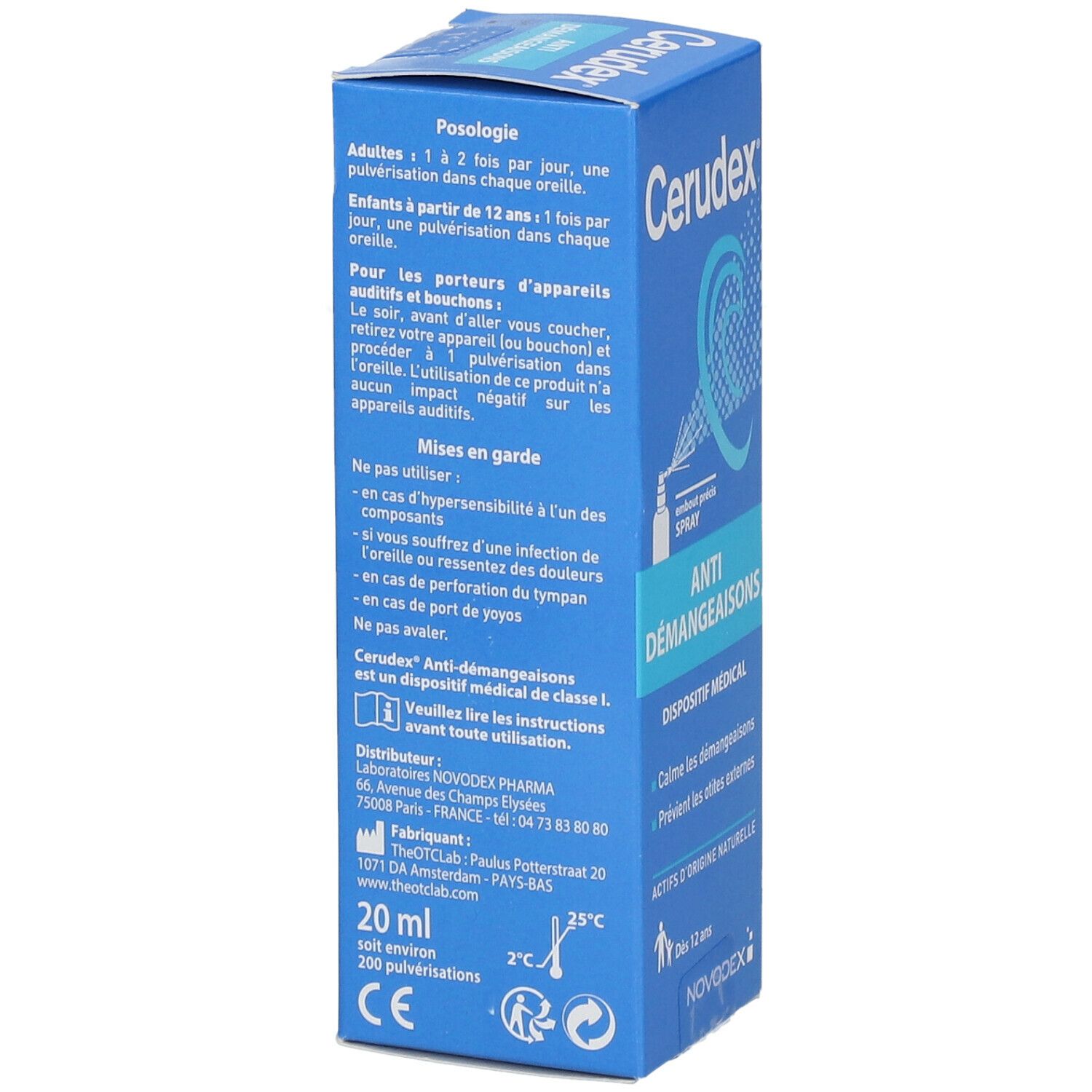 Côté de la boîte bleue Cerudex. Contient des informations sur le dosage et les avertissements. 20 ml. Marquage CE.