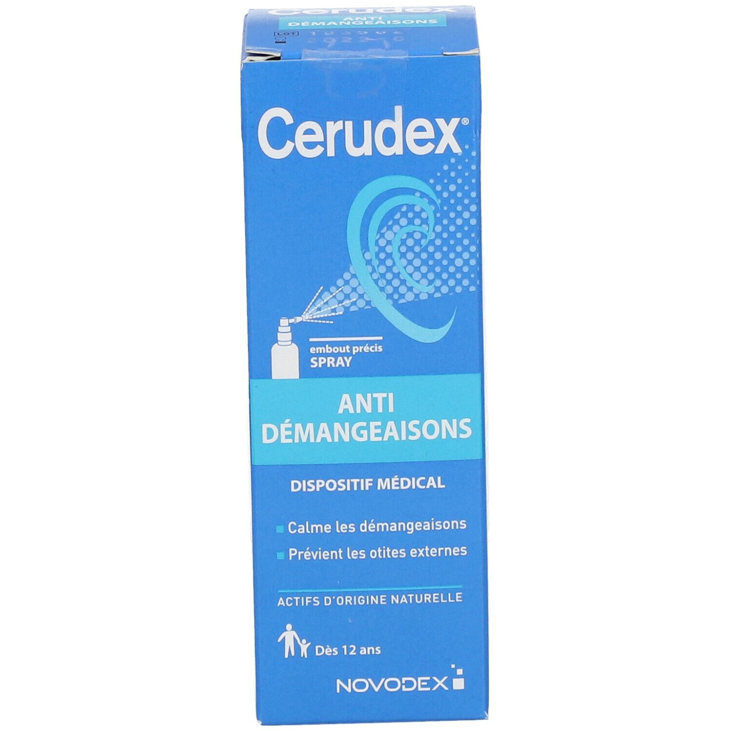 Boîte bleue Cerudex. Anti-démangeaisons. Dispositif médical. Avec embout spray. Dès 12 ans. Logo NOVODEX.