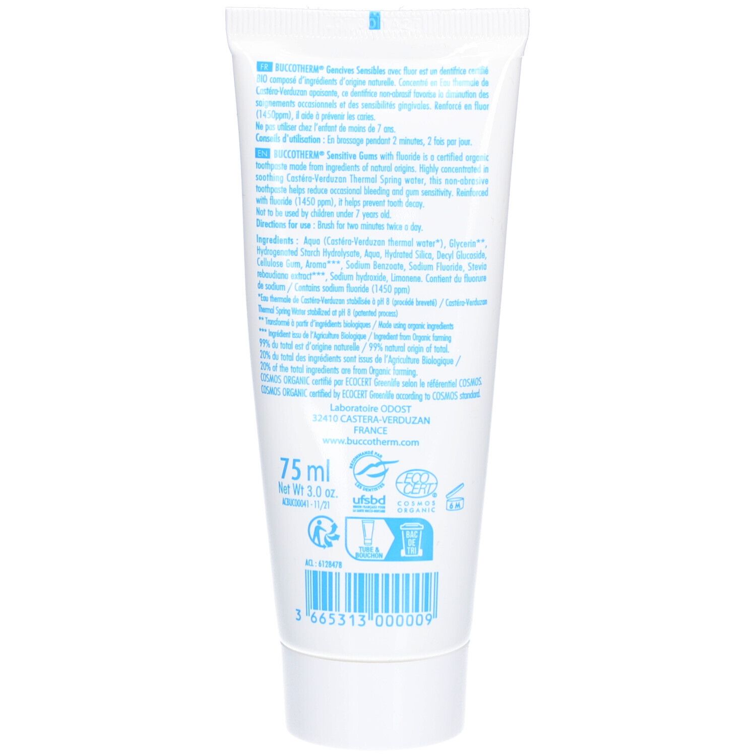 Dos du tube de gel dentifrice. Texte multilingue. Ingrédients, mode d'emploi, informations fabricant. Certification Bio.