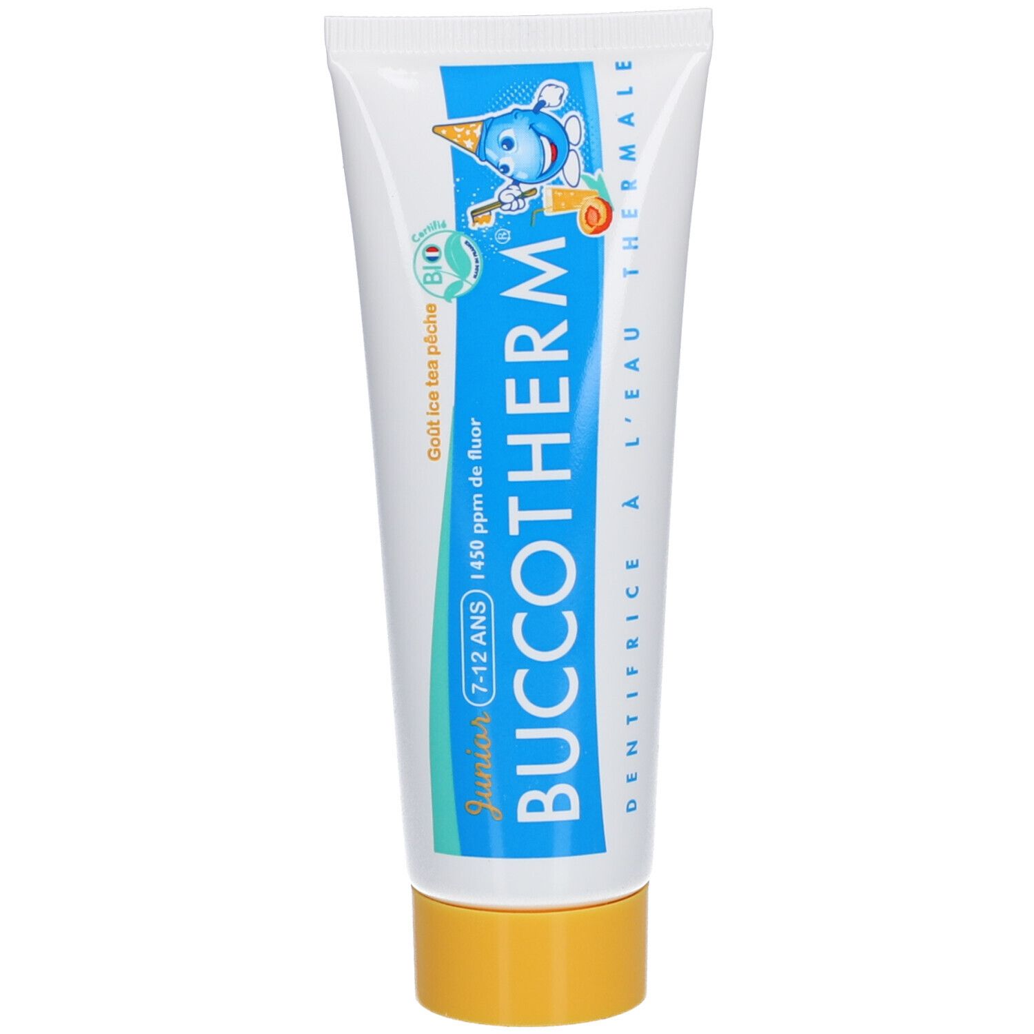 Tube de dentifrice blanche, design bleu et jaune. Inscription: BUCCOTHERM Junior, 7-12 ans, 1450 ppm de fluor.