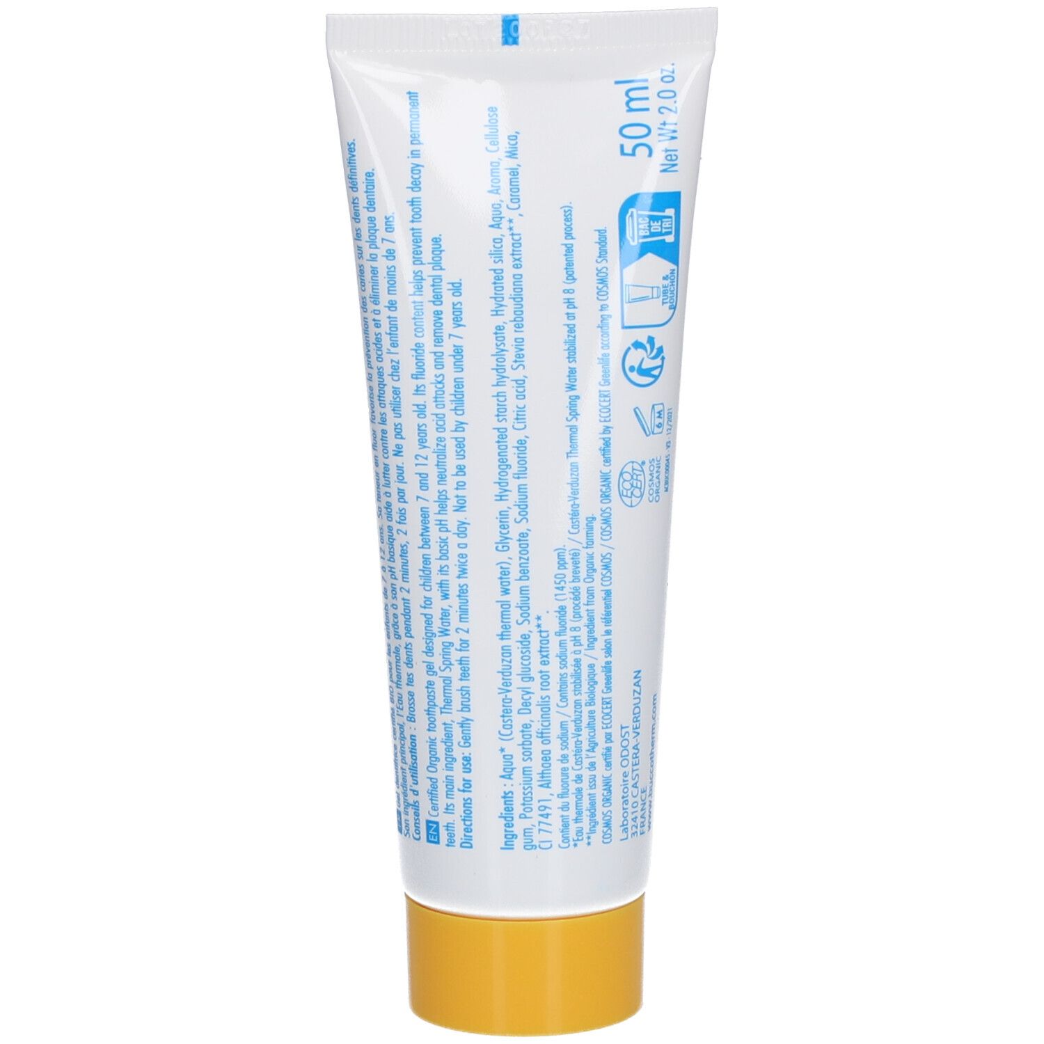 Dos du tube de dentifrice. Contient des informations sur les ingrédients et l'utilisation. Bouchon jaune.