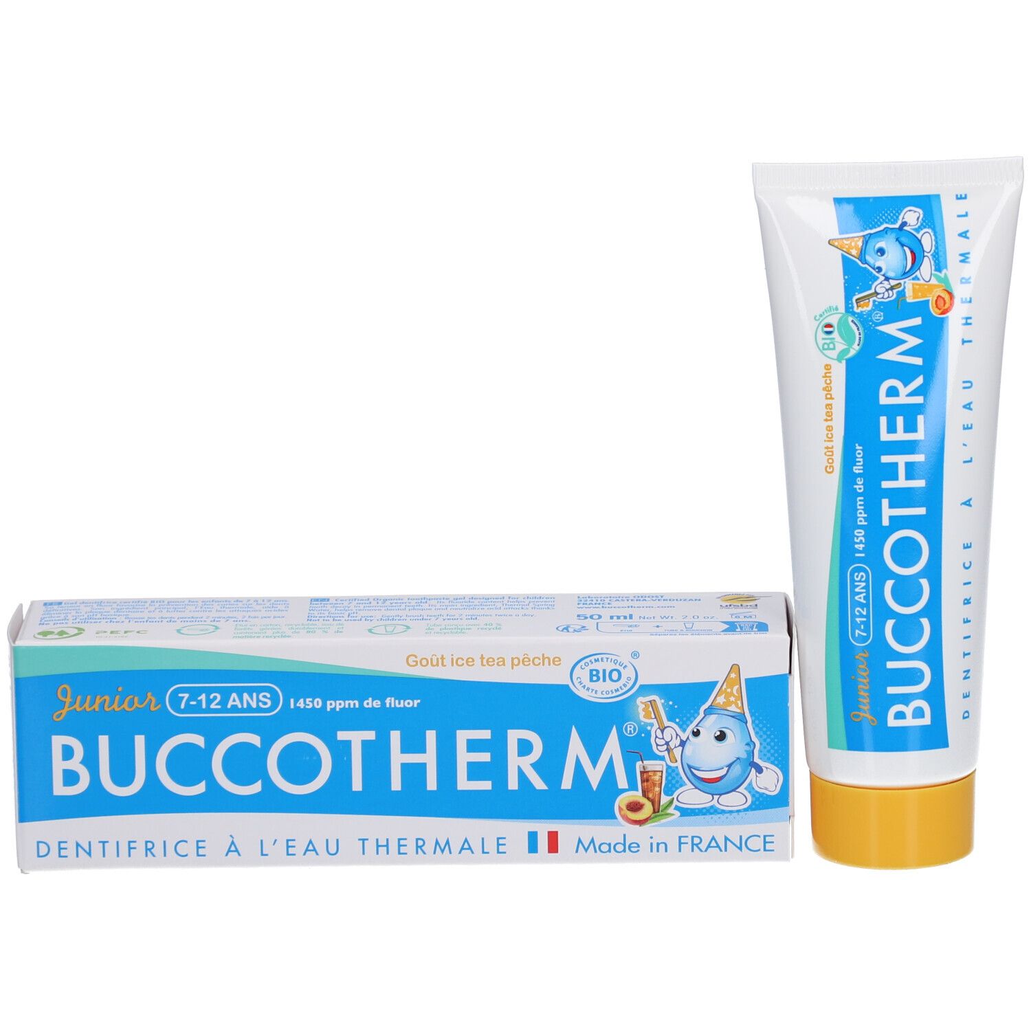 Tube de dentifrice et boîte. Les deux affichent BUCCOTHERM Junior, 7-12 ans. Boîte imprimée.