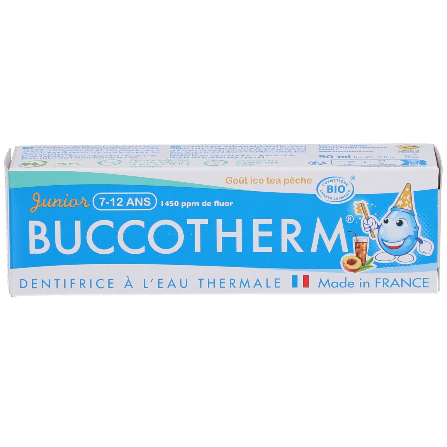 Boîte avec BUCCOTHERM Junior, 7-12 ans. Inscription: 1450 ppm de fluor, goût thé glacé pêche.