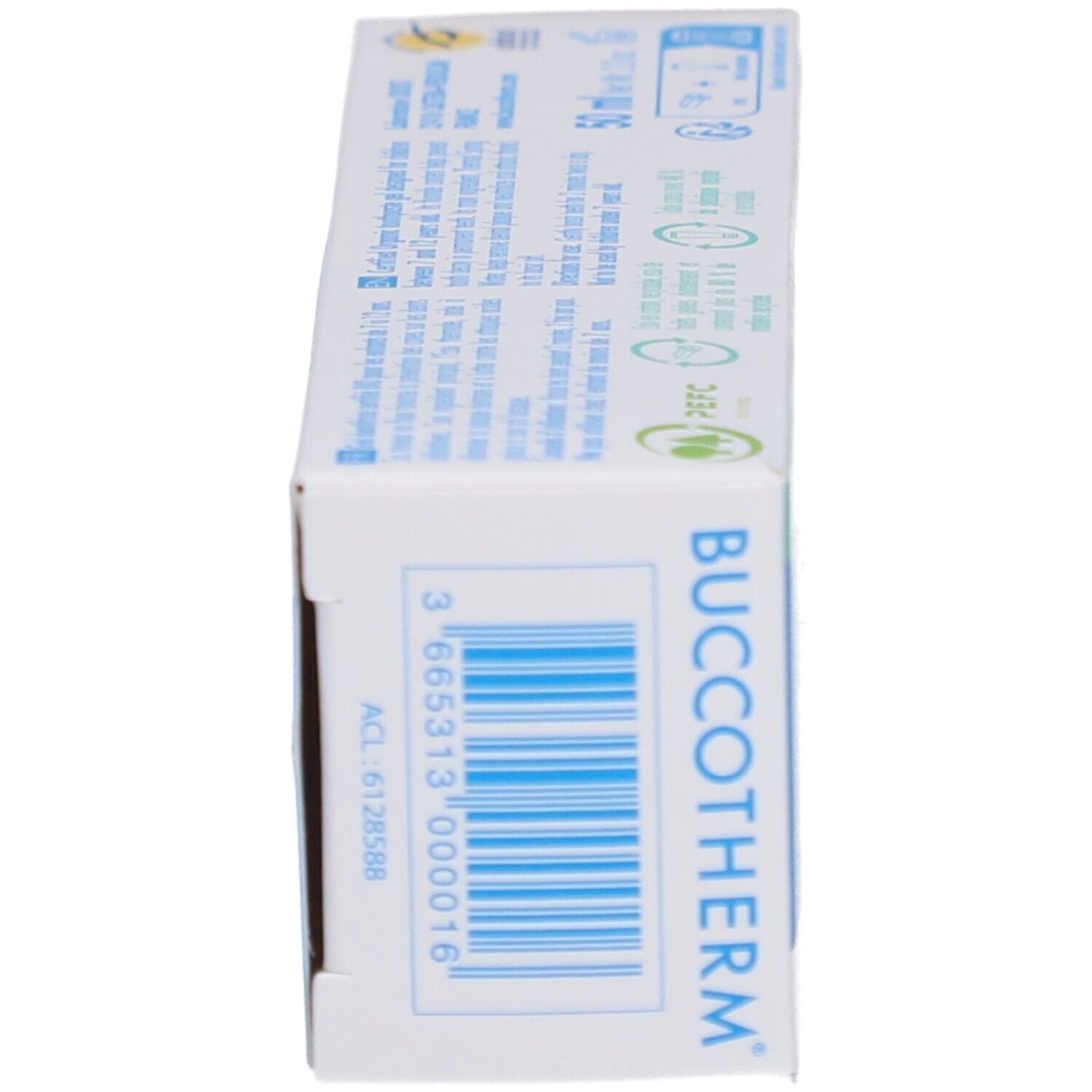 Vue latérale de la boîte. Affiche des informations et un code-barres. Blanc avec design bleu et vert.