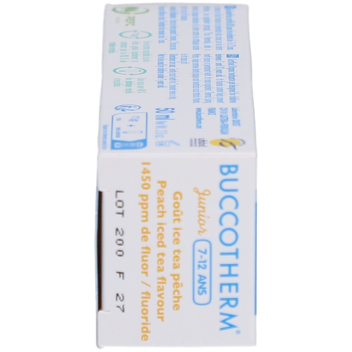 Vue latérale de la boîte. Affiche des informations, le numéro de lot et la teneur en fluor. Blanc avec design bleu.
