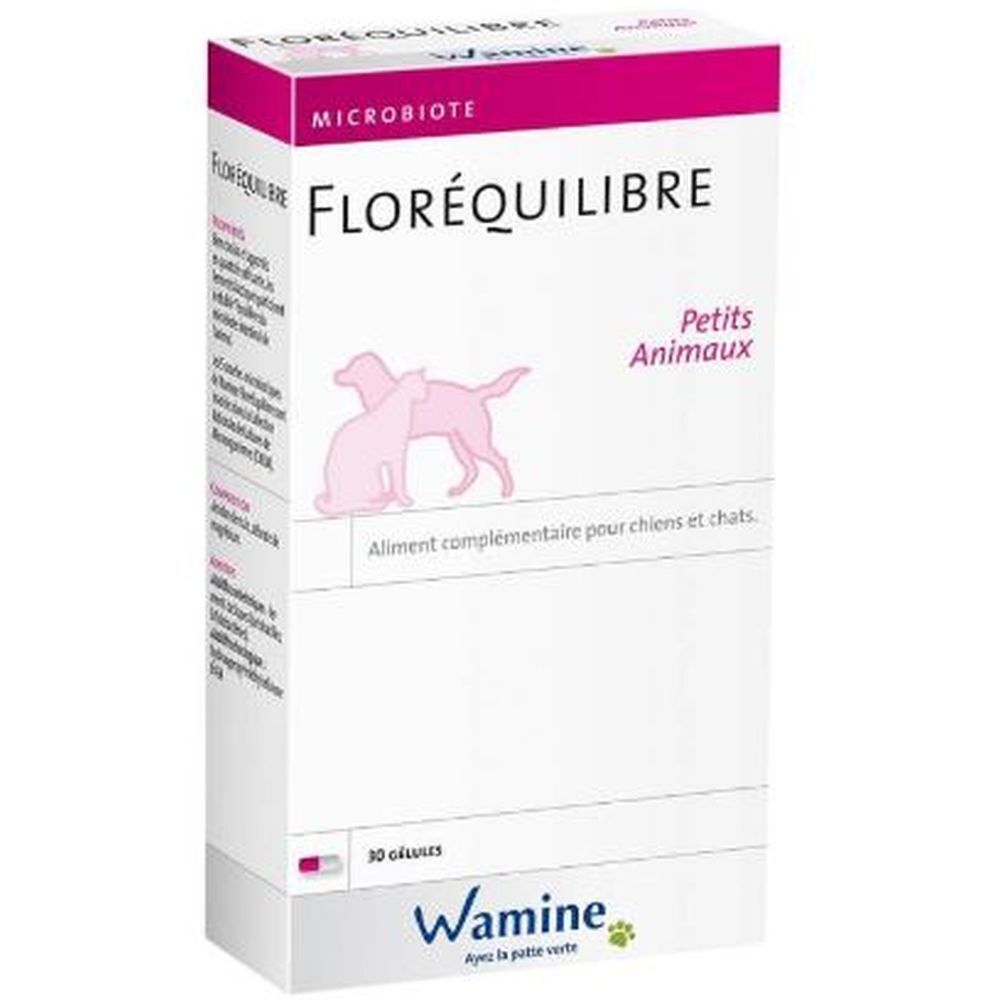 Verpackung von Floréquilibre Microbiote für kleine Tiere. Rosa und weiße Schachtel mit Produktnamen und Logo.