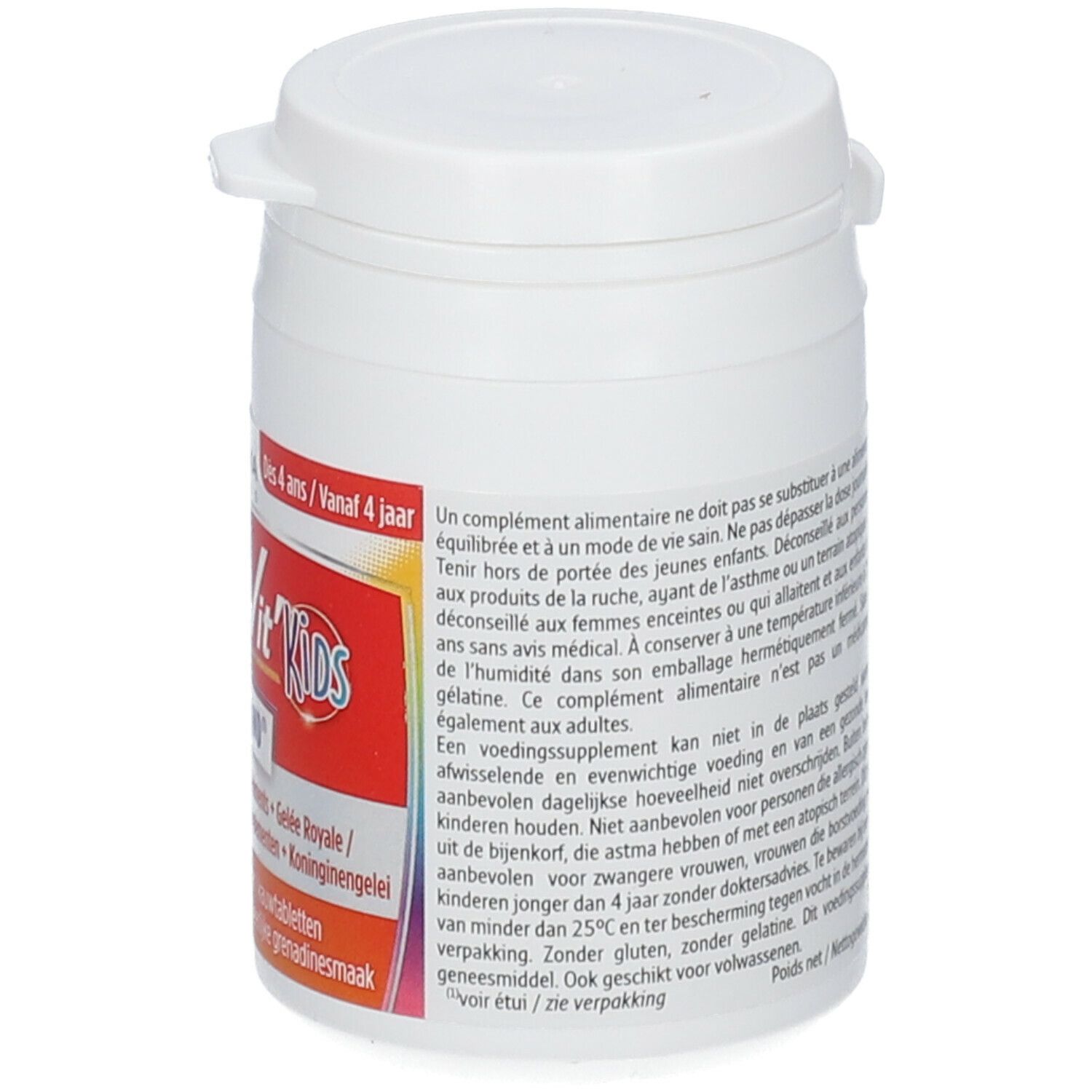Boîte blanche avec étiquette rouge. Inscription: MultiVit'Kids Défenses. Contient 30 comprimés.