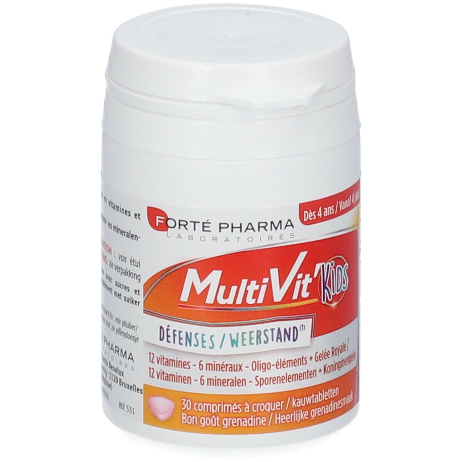 Boîte blanche avec étiquette rouge. Inscription: MultiVit'Kids Défenses. Contient 30 comprimés.