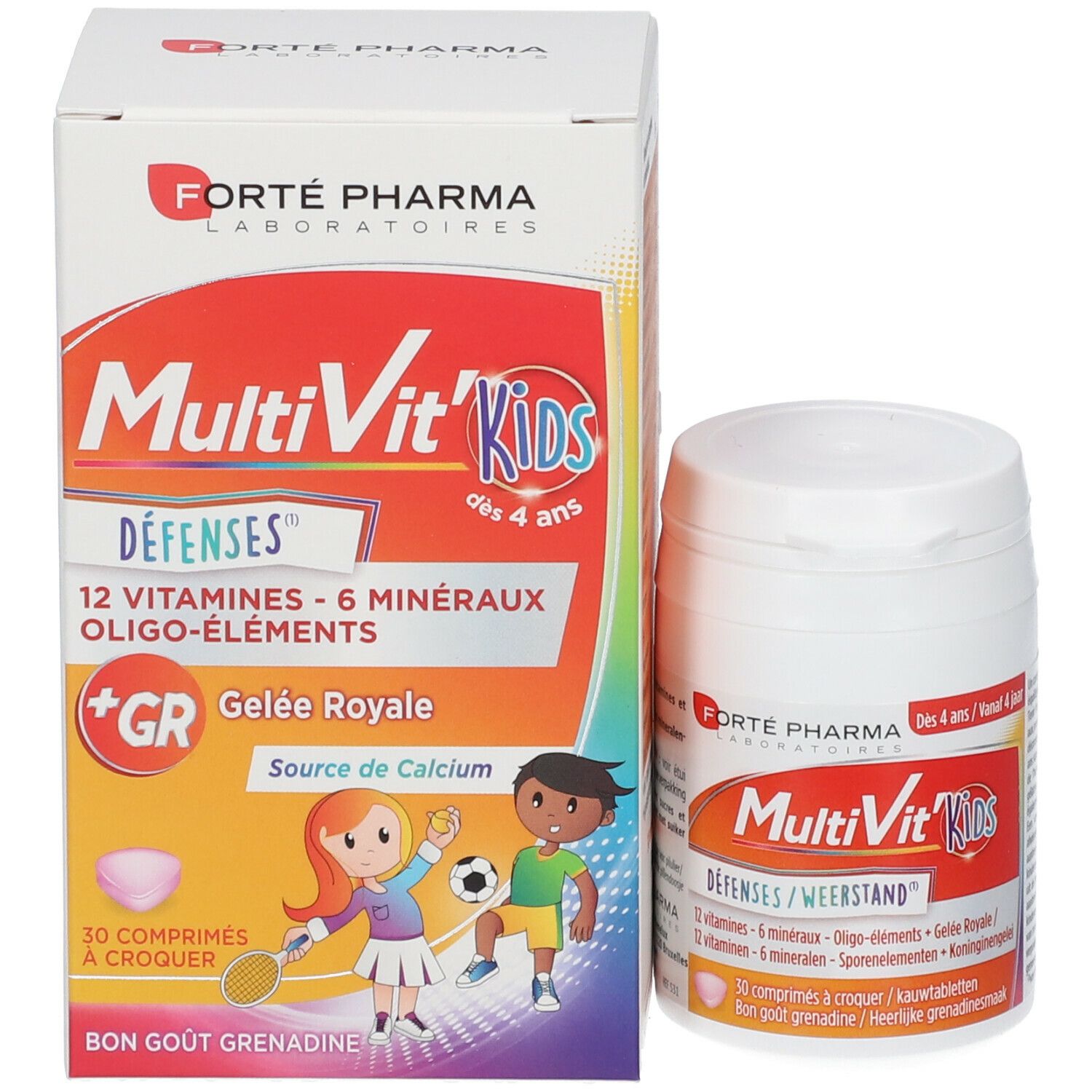 Emballage produit avec boîte et flacon. Inscription: MultiVit'Kids Défenses. Contient 30 comprimés.