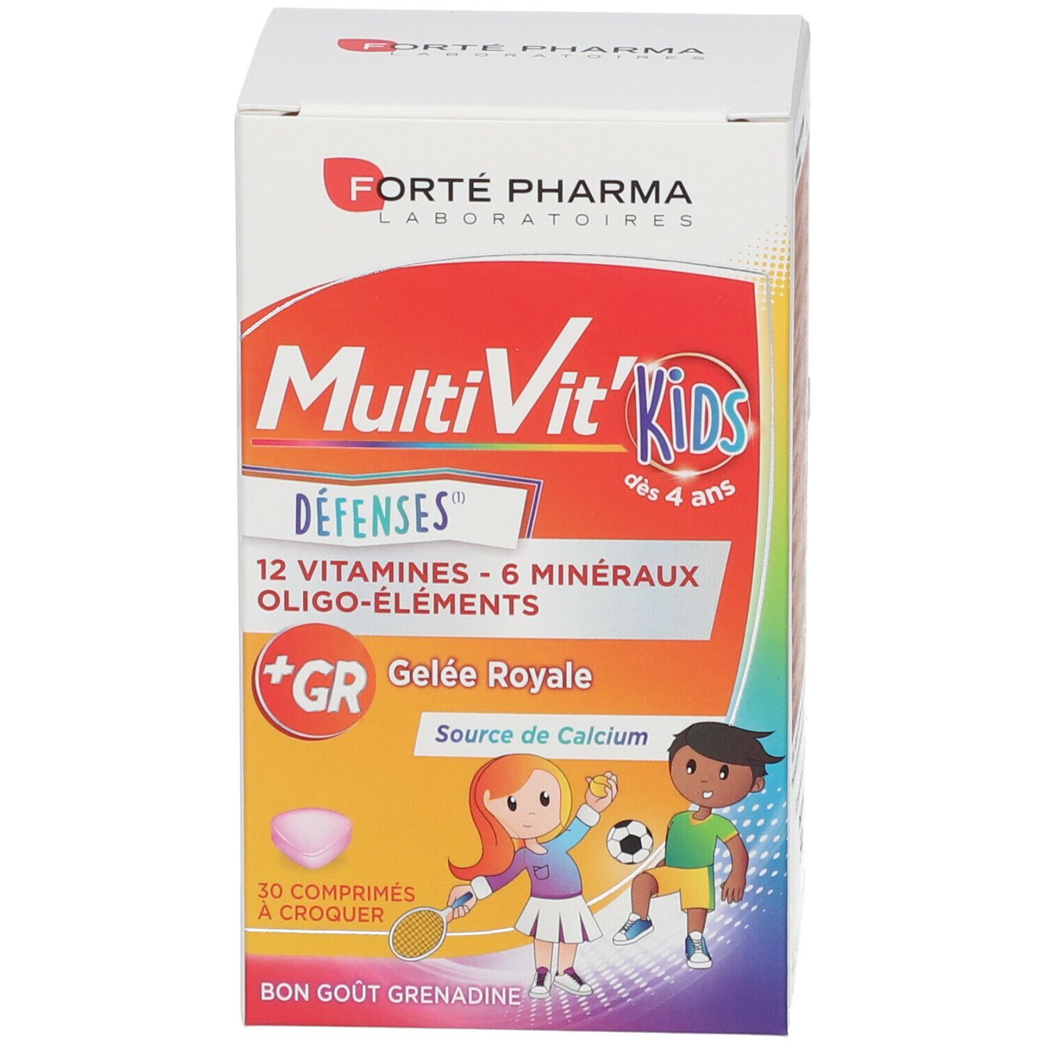 Emballage produit avec boîte. Inscription: MultiVit'Kids Défenses. Contient 30 comprimés.