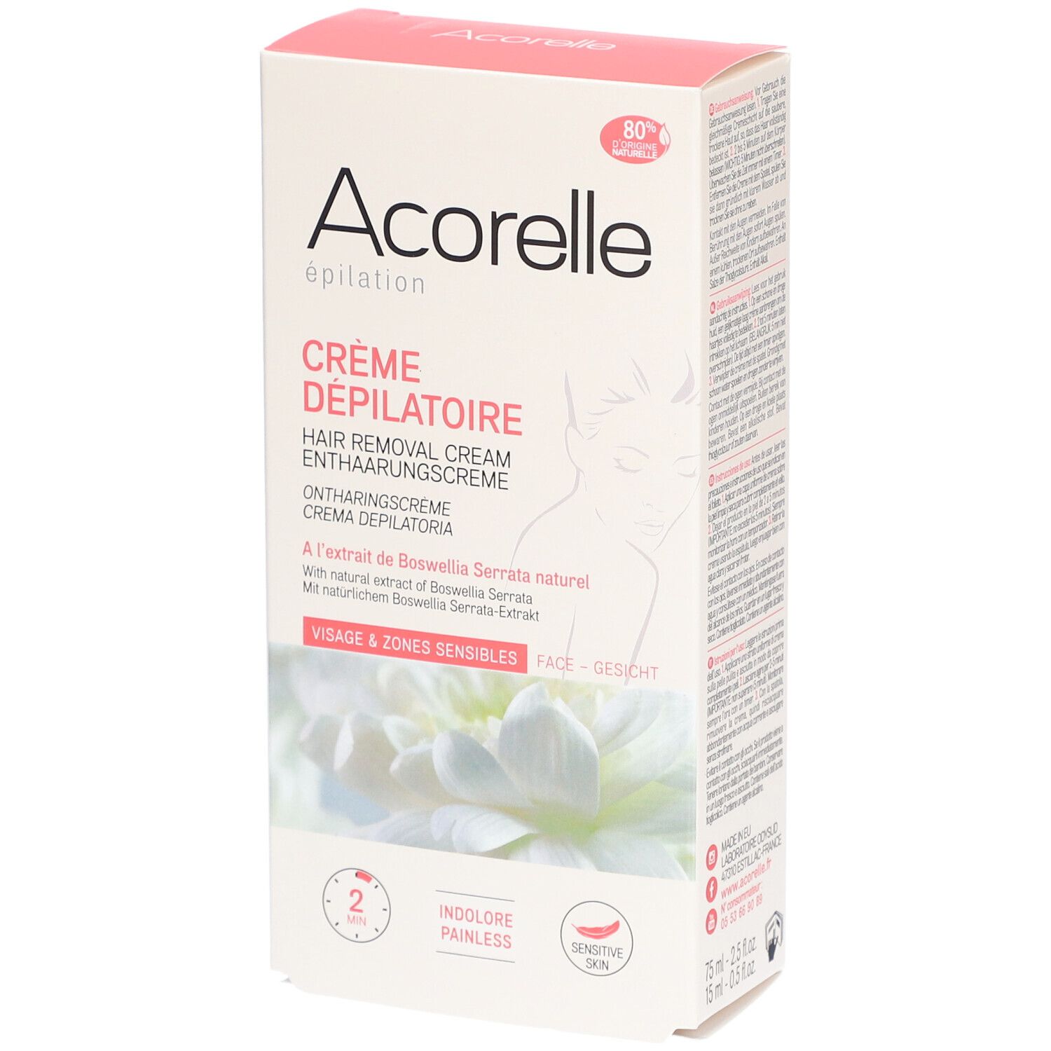 Boîte Acorelle Crème Dépilatoire Visage & Peaux Sensibles. Boîte rose et blanche avec nom du produit et illustration.