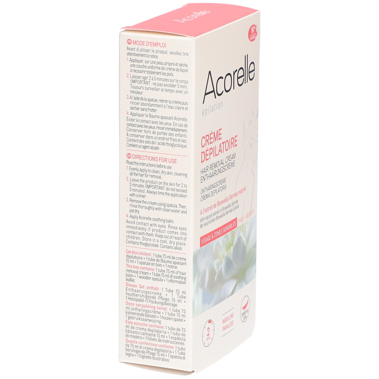 Boîte Acorelle Crème Dépilatoire Visage & Peaux Sensibles. Vue latérale avec nom du produit, mode d'emploi et ingrédients.