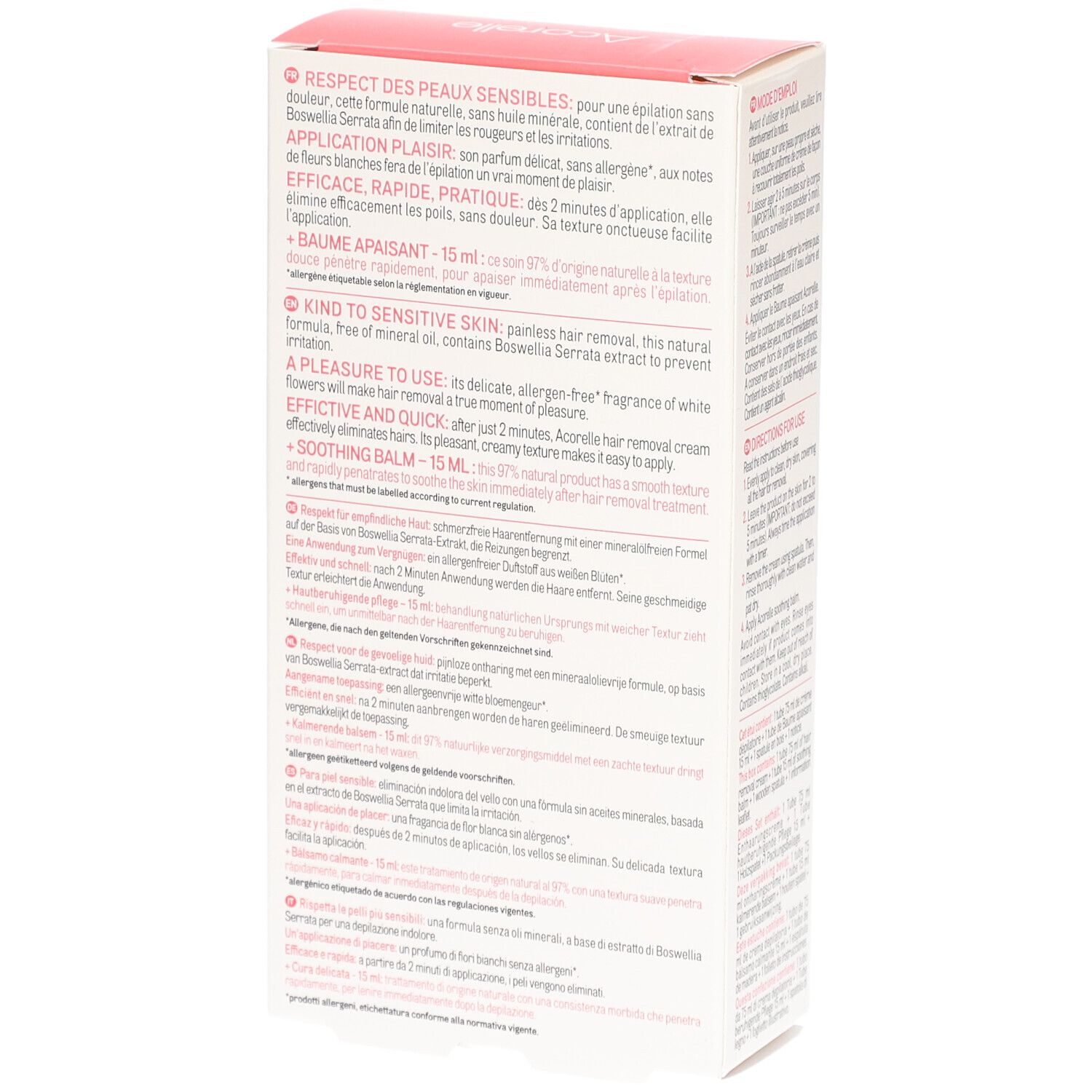 Dos de la boîte Acorelle Crème Dépilatoire Visage & Peaux Sensibles. Texte sur ingrédients, utilisation et avantages.
