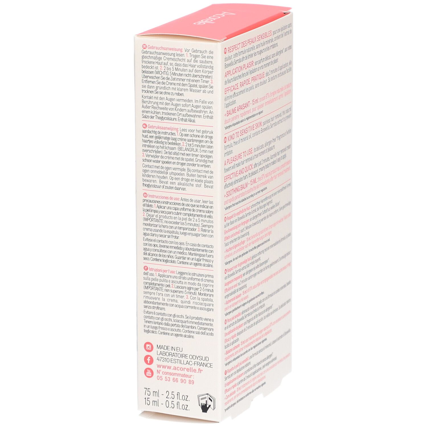Boîte Acorelle Crème Dépilatoire Visage & Peaux Sensibles. Vue latérale avec texte, informations fabricant et logo.
