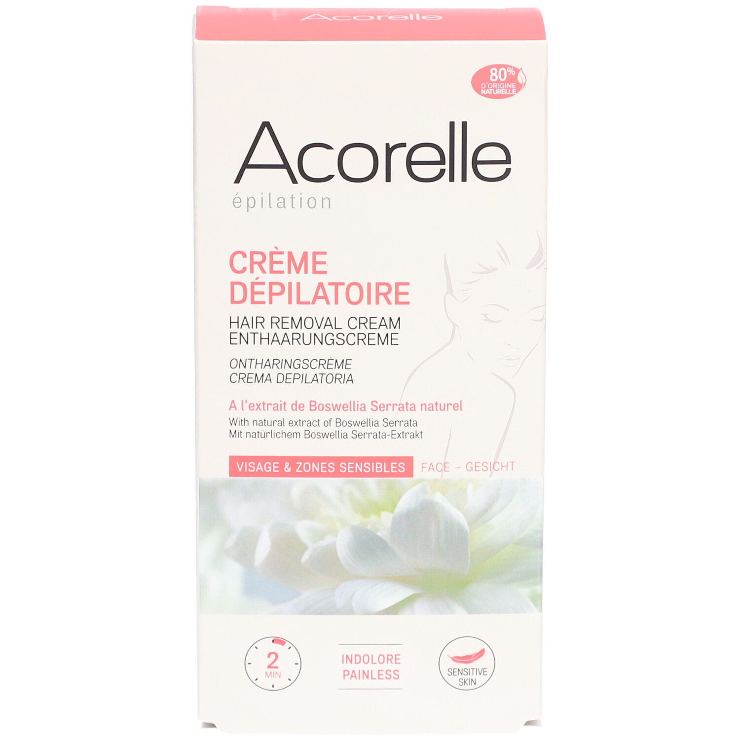 Boîte Acorelle Crème Dépilatoire Visage & Peaux Sensibles. Boîte rose et blanche avec nom du produit et illustration.