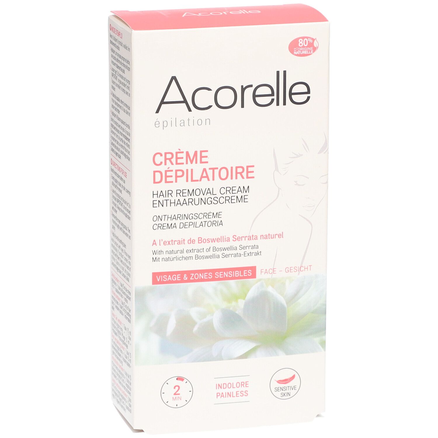 Boîte Acorelle Crème Dépilatoire Visage & Peaux Sensibles. Boîte rose et blanche avec nom du produit et illustration.