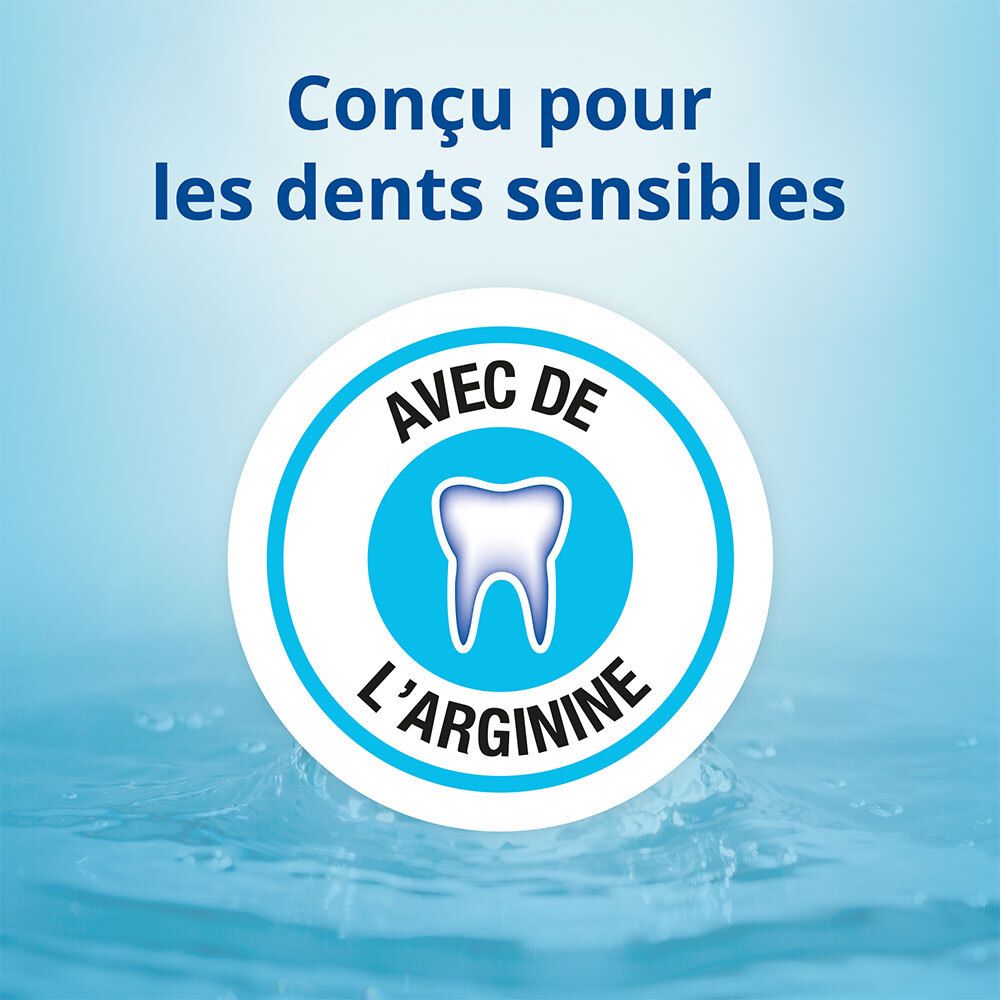 Graphique avec dent et texte: Avec de l'arginine. Fond: eau.
