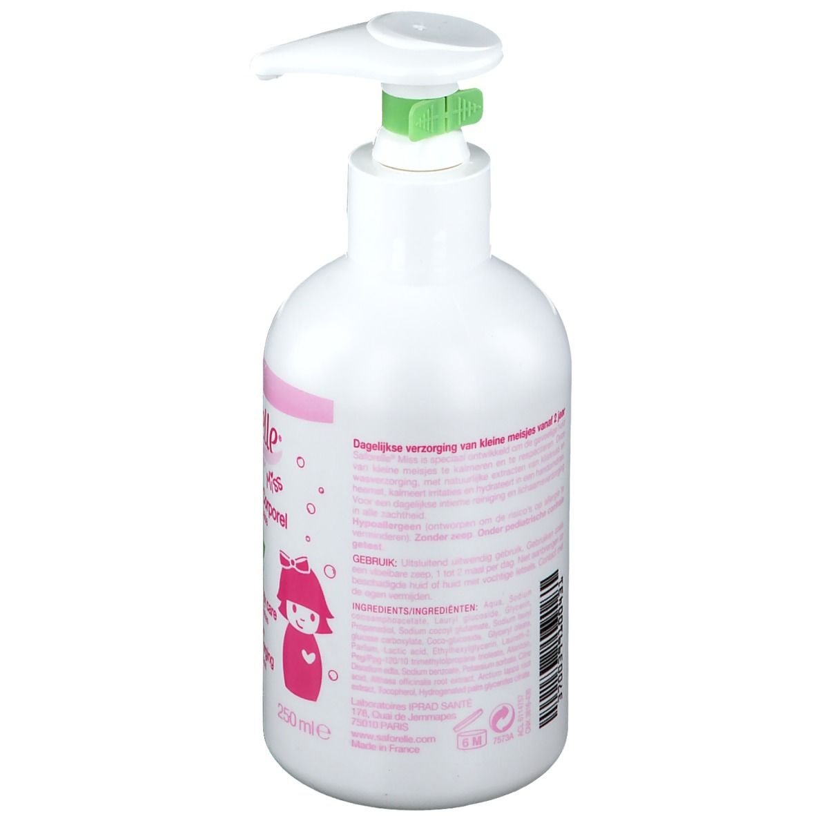 Rückseite der weißen Flasche mit Pumpe. Rosa Etikett mit Text. Text: Inhaltsstoffe, tägliche Pflege für kleine Mädchen ab 2 Jahren.
