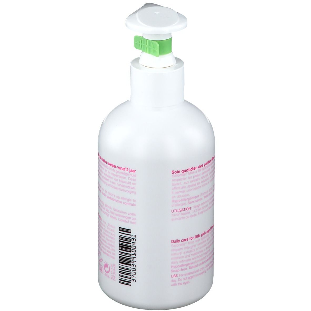 Rückseite der weißen Flasche mit Pumpe. Rosa Etikett mit Text. Text: Anwendung, tägliche Pflege für kleine Mädchen ab 2 Jahren.