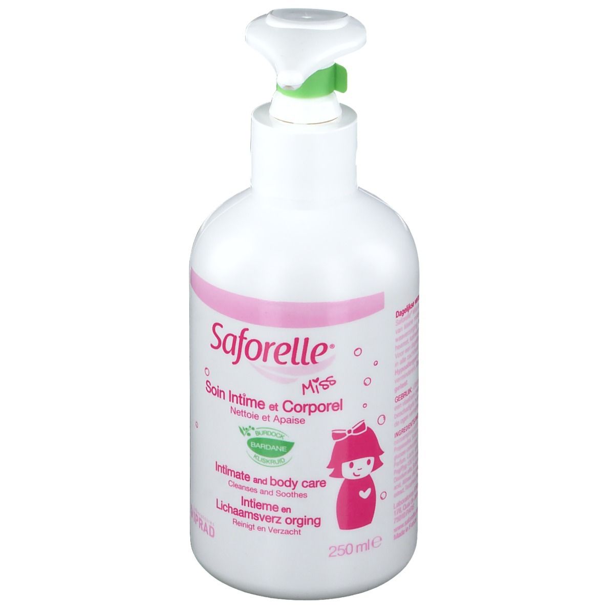 Weiße Flasche mit Pumpe. Rosa Etikett mit Produktnamen und Illustration. Text: Intime und Körperpflege. 250 ml.
