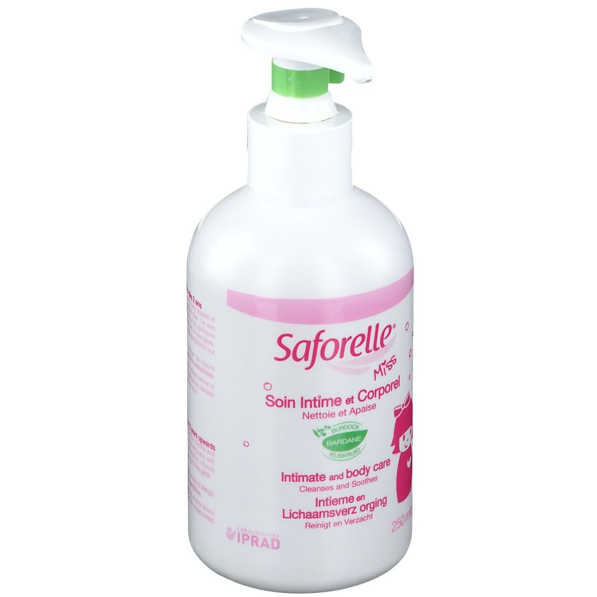 Weiße Flasche mit Pumpe. Rosa Etikett mit Produktnamen und Illustration. Text: Intime und Körperpflege. 250 ml.