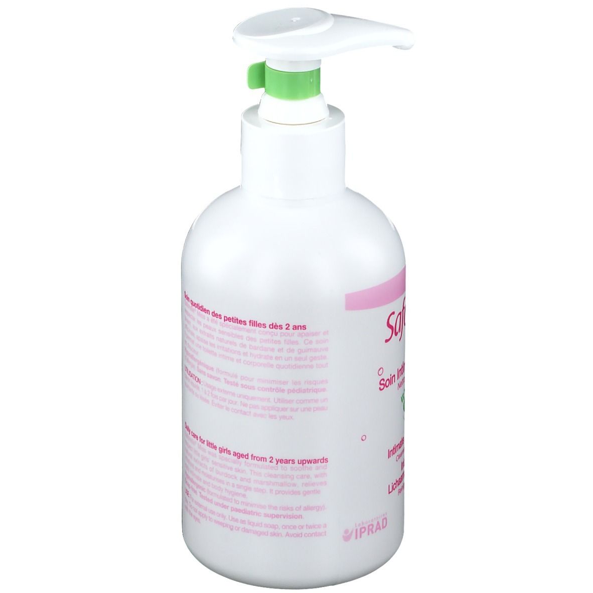 Rückseite der weißen Flasche mit Pumpe. Rosa Etikett mit Text. Text: Anwendung, tägliche Pflege für kleine Mädchen ab 2 Jahren.