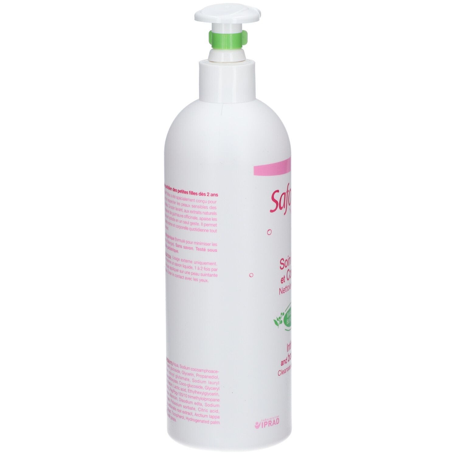 Weiße Flasche mit Pumpe. Text auf der Rückseite. Rosa und grüne Akzente. Saforelle Miss.