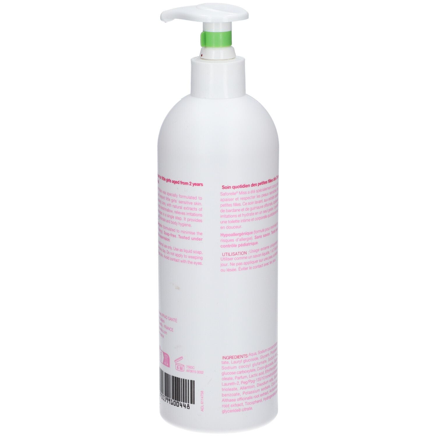 Weiße Flasche mit Pumpe. Text auf der Rückseite. Rosa und grüne Akzente. Saforelle Miss.
