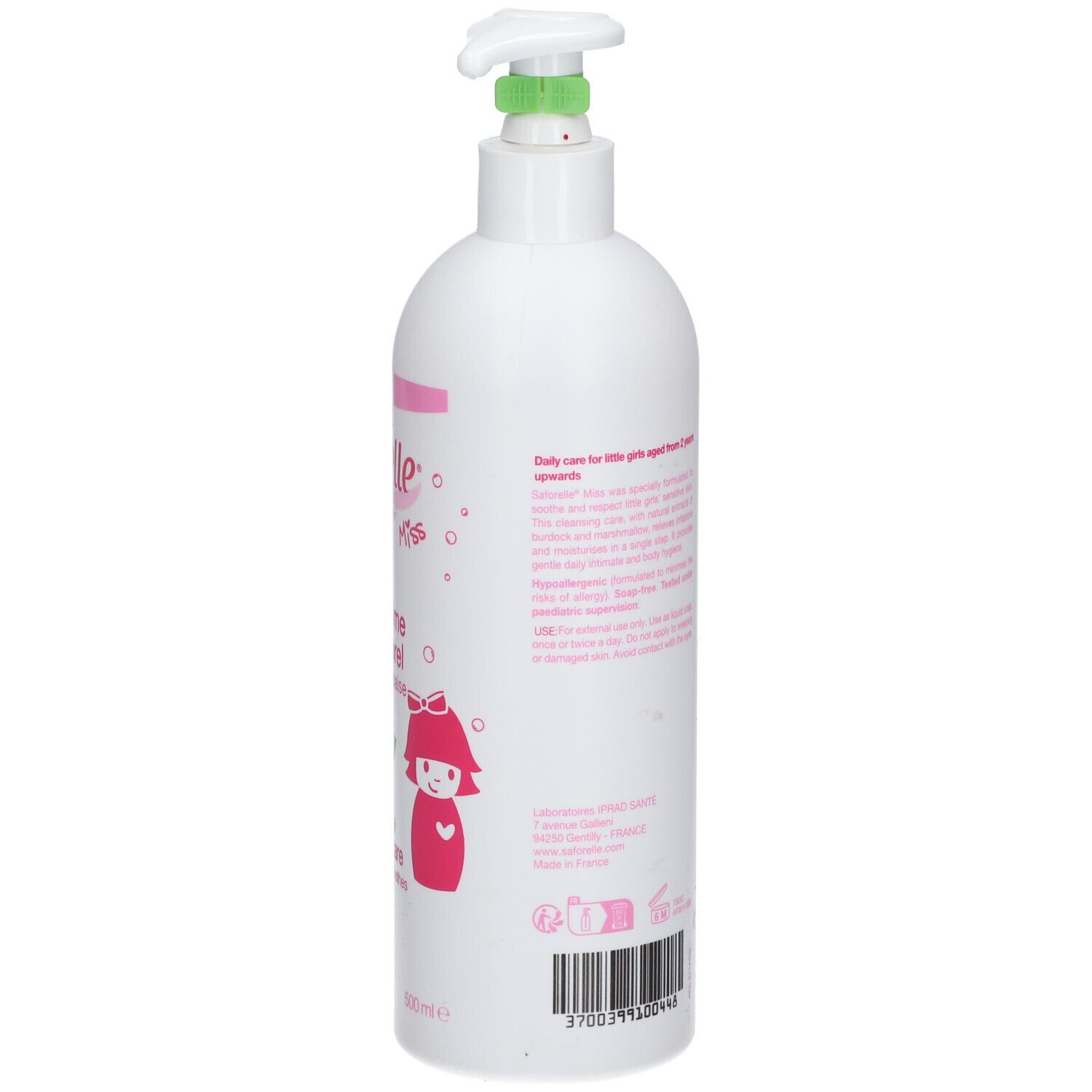 Weiße Flasche mit Pumpe. Text auf der Rückseite. Rosa und grüne Akzente. Saforelle Miss.