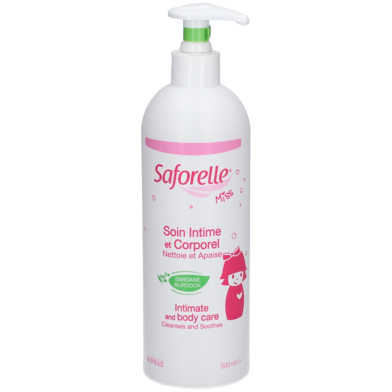 Weiße Flasche mit Pumpe. Rosa und grüne Akzente. Aufschrift: Saforelle Miss, Soin Intime et Corporel.