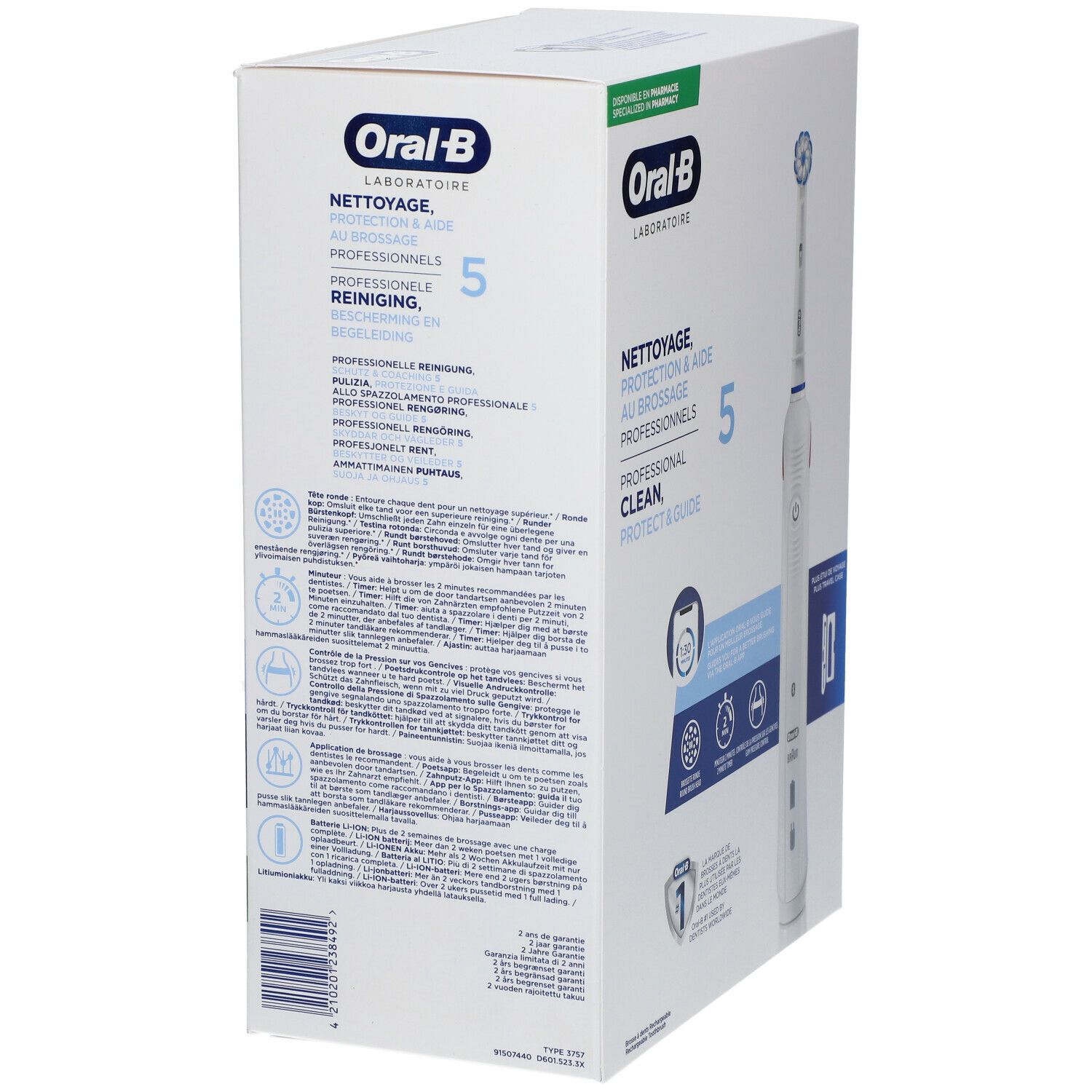 Emballage de brosse à dents électrique. Oral-B Laboratoire. Nettoyage professionnel. Texte au dos.