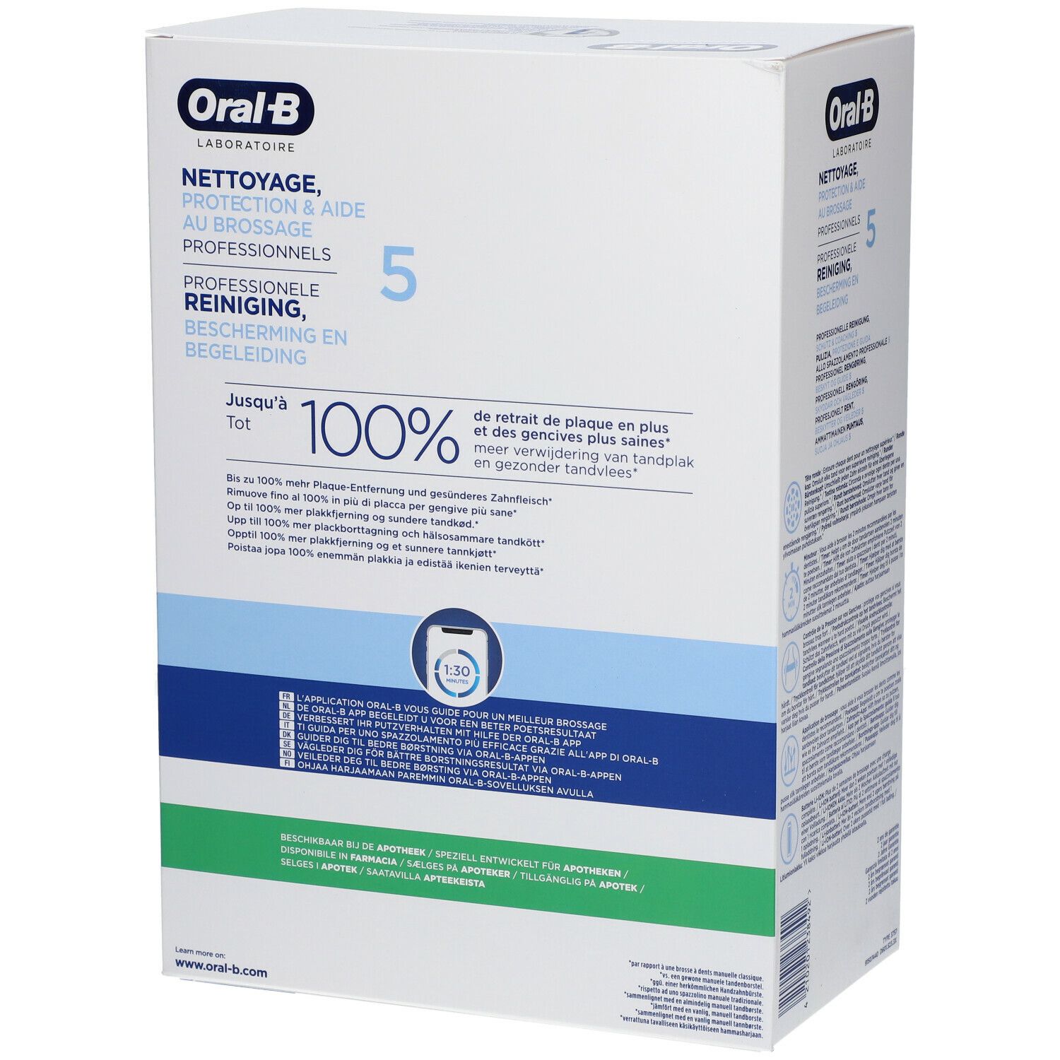 Emballage de brosse à dents électrique. Oral-B Laboratoire. Nettoyage professionnel. Jusqu'à 100% de plaque en moins.