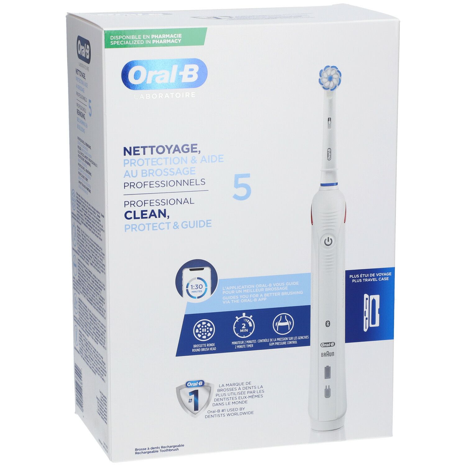Brosse à dents électrique et emballage. Blanc, bleu et gris. Oral-B Laboratoire. Nettoyage professionnel.
