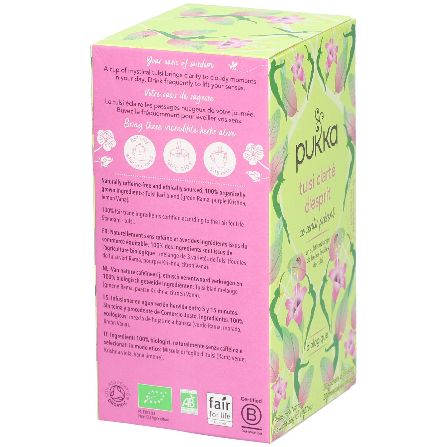 Boîte de thé Pukka Tulsi Clarté d'esprit. Design vert et rose avec motifs floraux et informations produit. Certification biologique.