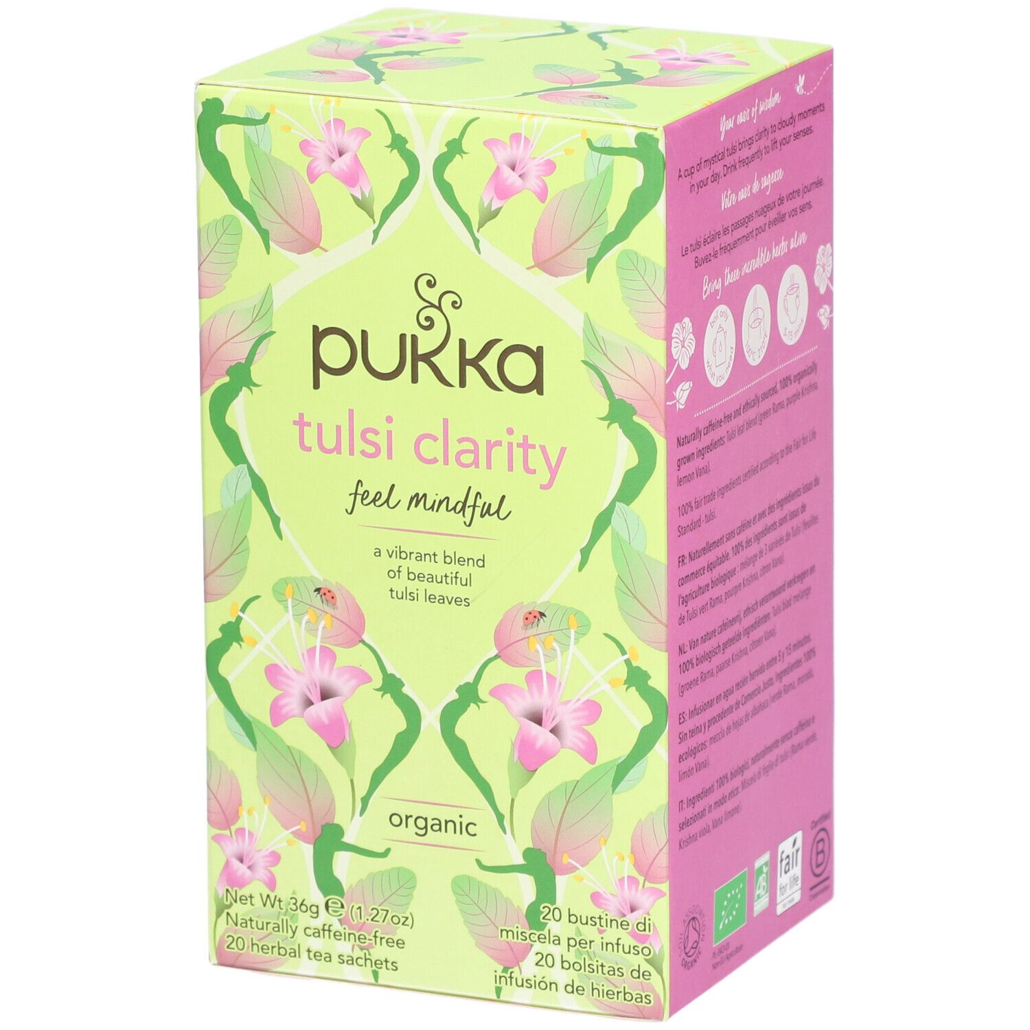 Boîte de thé Pukka Tulsi Clarity. Design vert et rose avec motifs floraux et informations produit. Contient 20 sachets.