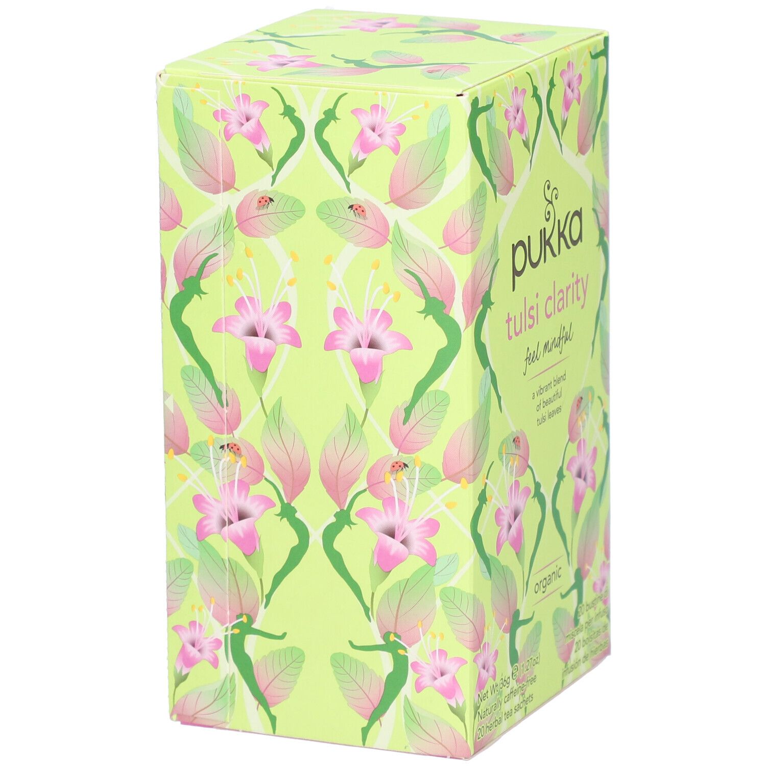 Boîte de thé Pukka Tulsi Clarity. Design vert et rose avec motifs floraux. Nom du produit et 'organic' visibles.