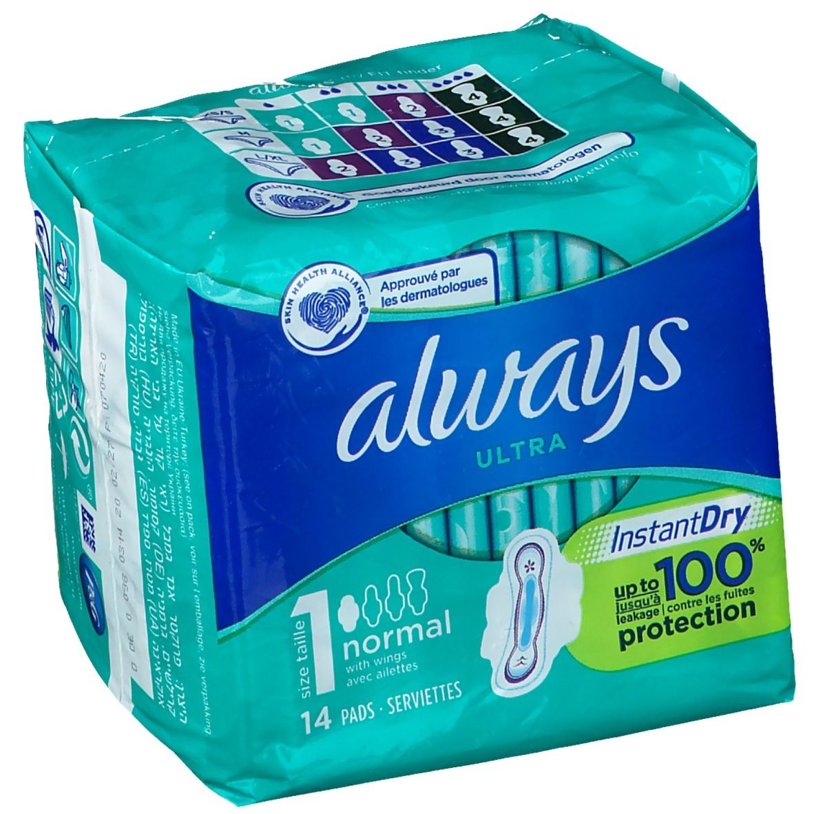 ALWAYS Ultra Normal (Taille 1) en emballage. 14 serviettes avec ailettes. Technologie InstantDry. Testé dermatologiquement.