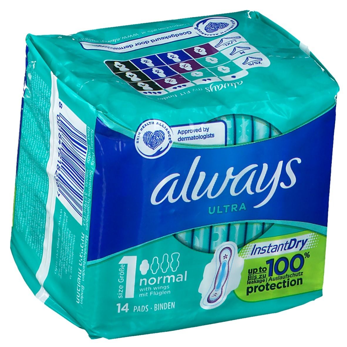 ALWAYS Ultra Normal (Taille 1) en emballage. 14 serviettes. Technologie InstantDry. Testé dermatologiquement. Taille 1.